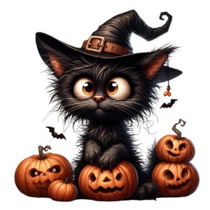 12 cliparts PNG de chat d'Halloween avec chapeau de sorcière, citrouilles, chauves-souris, grands yeux, illustration mignonne d'animal de compagnie à fourrure pour des travaux manuels effrayants de sublimation