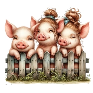 12 Tres cerditos Clipart PNG, Lindos cerditos en la valla, Clipart de animales de granja, Fondo transparente, Decoración de guardería