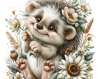 15 PNG Hedgehog Daisy Clipart, Woodland Flower Sublimation