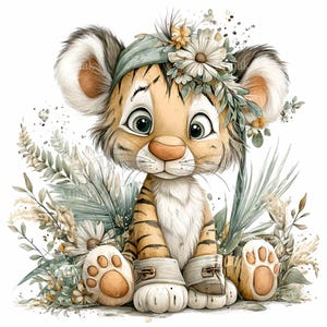 Puede incluir: Una ilustraci&oacute;n caprichosa de un cachorro de tigre beb&eacute; con grandes ojos verdes, adornado con una diadema floral y botas. El cachorro est&aacute; rodeado de vegetaci&oacute;n y flores, creando una est&eacute;tica suave. El pelaje del cachorro es de color canela c&aacute;lido con rayas negras.