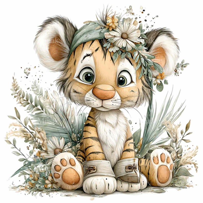 Puede incluir: Una ilustraci&oacute;n caprichosa de un cachorro de tigre beb&eacute; con grandes ojos verdes, adornado con una diadema floral y botas. El cachorro est&aacute; rodeado de vegetaci&oacute;n y flores, creando una est&eacute;tica suave. El pelaje del cachorro es de color canela c&aacute;lido con rayas negras.