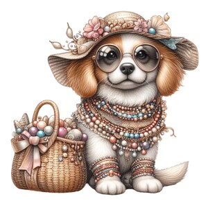 May include: A charming Cavalier King Charles Spaniel puppy illustration, adorned with a sun hat, sunglasses, and layered beaded jewelry. The puppy holds a woven basket filled with decorative eggs, perfect for Easter or spring-themed decor.