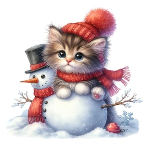 Lindo gatito y muñeco de nieve Clipart PNG - 18 adorables gatos de invierno con sombrero y bufanda con muñeco de nieve para manualidades navideñas