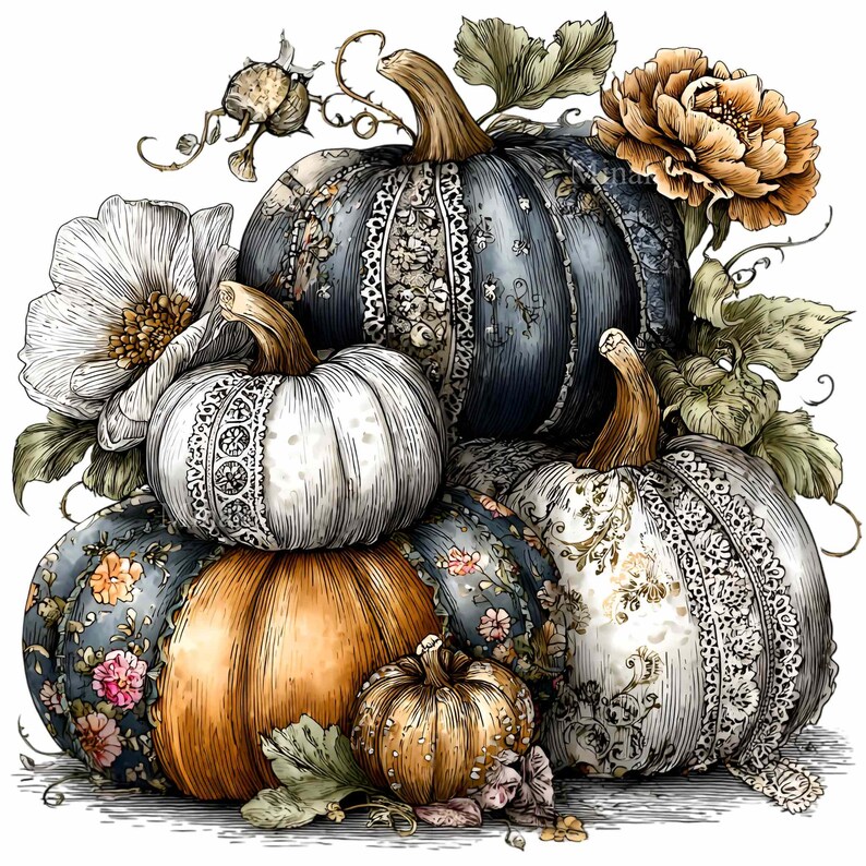 11 PNG Vintage Floral Pumpkin Stack Rustic Fall Clipart Autumn - Etsy