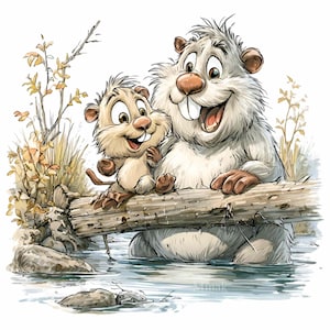 Könnte beinhalten: Eine herzerwärmende Illustration von zwei lächelnden Cartoon-Bibern. Ein großer Biber steht im Wasser, während ein kleinerer Biber auf einem Baumstamm sitzt. Die Szene umfasst Wasser, Felsen und Blätter, was ein fröhliches, naturbezogenes Bild ergibt.
