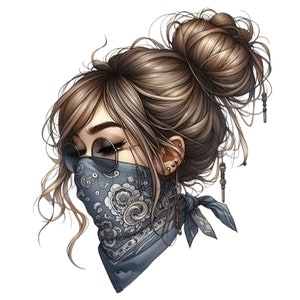 Stilisierte Frau mit Bandana und Sonnenbrille PNG Clipart, 12 trendige Top Knot Hair Illustration, Digital Fashion Art