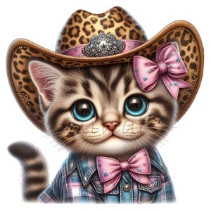 10 Cowgirl Kitten PNG Clipart, simpatico gatto soriano con grandi occhi in cappello leopardato, fiocchi rosa e camicia a quadri Download digitale