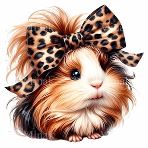 12 adorables imágenes PNG de conejillos de indias con lazo de leopardo: arte digital de mascotas esponjosas para manualidades infantiles, láminas para guarderías y decoración de animales pequeños.
