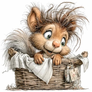May include: A cartoon illustration of a squirrel with brown fur and green eyes peeking out of a woven basket. The squirrel has a fluffy tail and messy hair. The basket is lined with a white cloth.