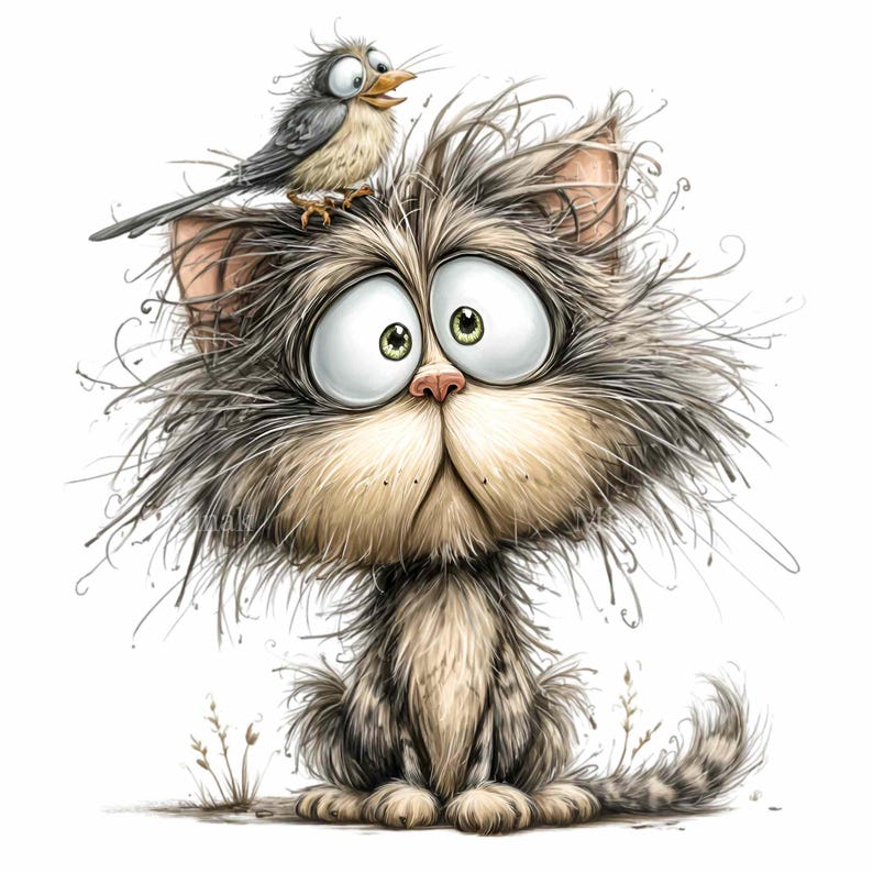May include: A cartoon illustration of a wide-eyed cat with gray and tan fur, and a small bird perched on its head. The cat has large, expressive eyes and a surprised expression. The bird is gray and tan with an open beak.