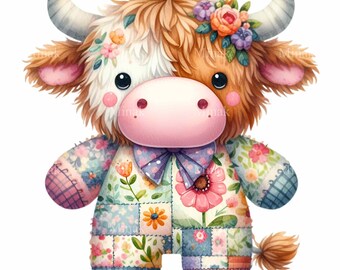 10 PNG Floral Patchwork Cow, Quilted Highland Bull Clipart