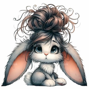 12 PNG Lapin en désordre - Lapin mignon avec une coiffure PNG - Clipart de dessin animé pour décoration de filles, cartes de printemps, art de la sublimation