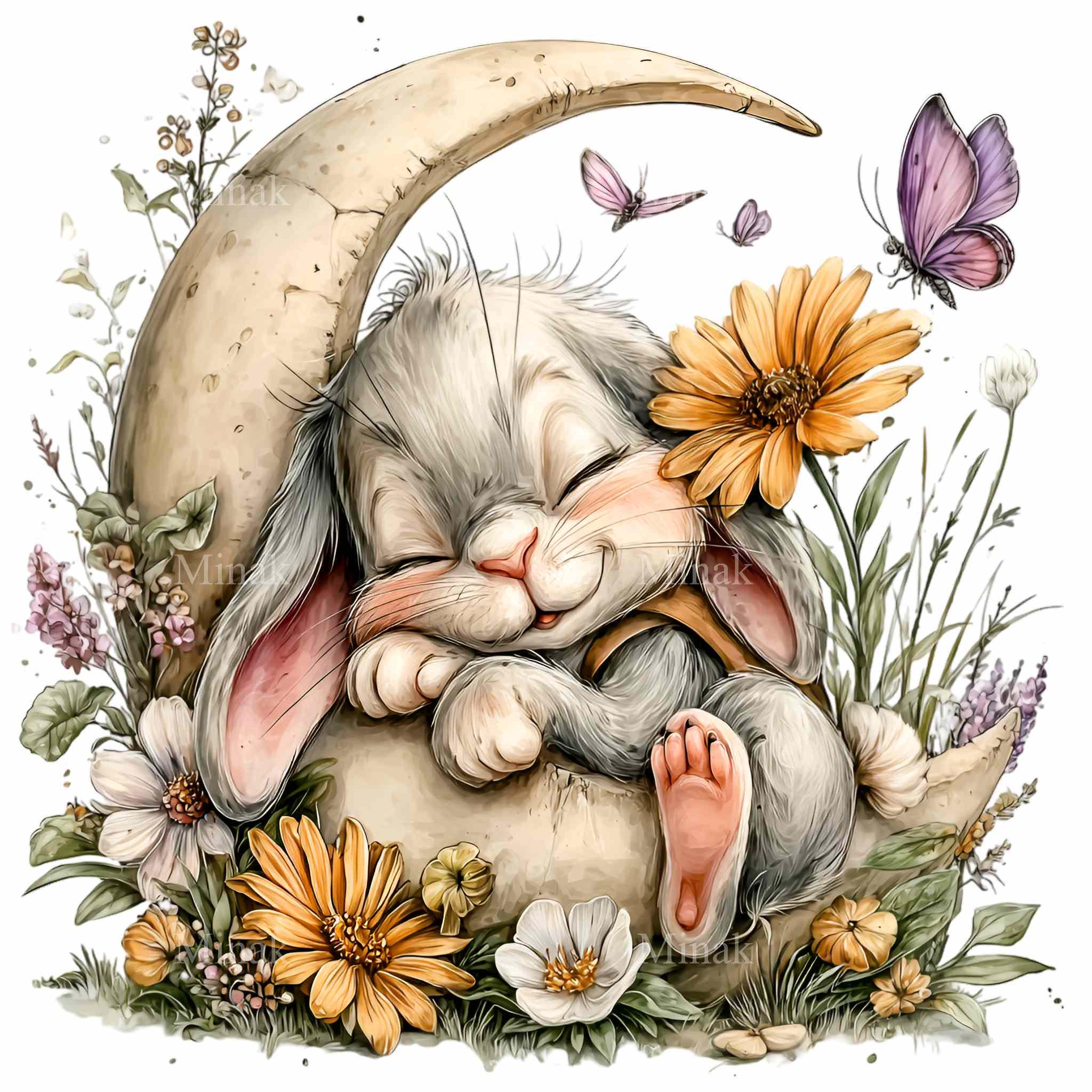 15 PNG Sleeping Rabbit Moon, Floral Bunny Clipart, Celestial