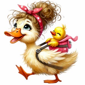 12 adorabili mamma anatra e anatroccolo PNG Clipart - Anatra carina con capelli ricci e zaino - Arte animale della maternità