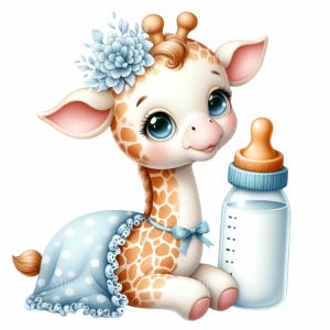 15 PNG mignon bébé girafe PNG Clipart – adorable girafe fille avec fleur, couverture et bouteille de lait, art mural chambre d'enfant, sublimation