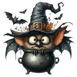 Verrückte Fledermaus mit Hexenhut und Kessel 12 PNG schrullig Tier lustige Cartoon Illustration Clipart, Halloween Kinder Sublimation Printable