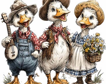 14 PNG Country Geese, Banjo Goose Trio Clipart, Farmhouse Bird Sublimation