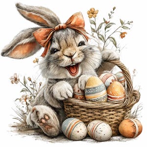May include: A watercolour illustration of a smiling rabbit wearing a bow, holding a woven basket filled with decorated Easter eggs. The rabbit is grey and white with a peach-coloured bow. The eggs are pastel colours with stripes and patterns.
