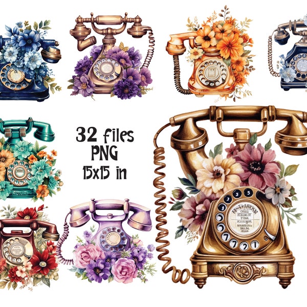 Watercolor Telephone Clipart PNG, Antique Floral Retro Phone Sublimation