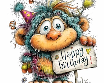 12 PNG Birthday monster clipart – Cute party PNG – Kids celebration art for cards, stickers, printables, fun DIY designs, party invites