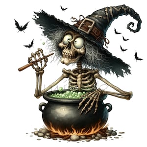 14 Clipart PNG de sorcière squelette, art effrayant de chaudron d'Halloween, potion de brassage de sorcière tête de mort effrayante, illustration numérique gothique