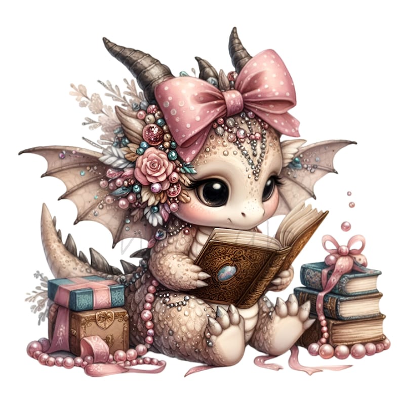 Pink Bow Baby Dragon Png Reading Book Floral Pearl Whimsical Fantasy Clipart Art