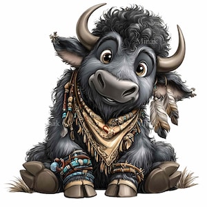 K&ouml;nnte beinhalten: Cartoon-Illustration eines Yak mit freundlichem Gesichtsausdruck. Das Yak ist dunkelgrau mit gro&szlig;en braunen Augen, gebogenen H&ouml;rnern und einem flauschigen Fell. Es tr&auml;gt ein gemustertes Halstuch, Perlenketten und Federohrringe. Das Yak sitzt.