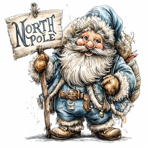 Op de afbeelding: Waterverfillustratie van de Kerstman in een blauwe jas met bont, met een houten bord met de tekst "North Pole". Hij heeft een lange witte baard, een zak en bruine laarzen. De afbeelding heeft een grillige, vintage uitstraling.