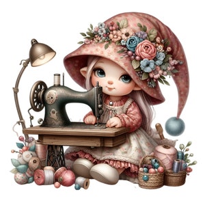 12 Sewing Gnome Clipart PNG, Cute Seamstress Gnome with Vintage Sewing Machine, Crafting Fairy Digital Download