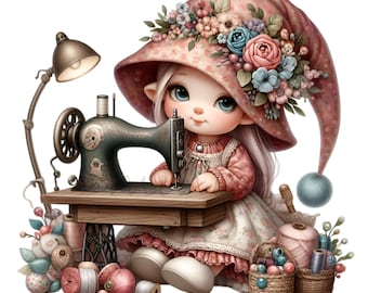 12 Nähzwerg Clipart PNG, niedliche Näherin Gnom mit Vintage Nähmaschine, Handwerksfee Digital Download