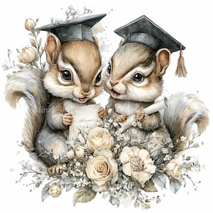 May include: Watercolor illustration of two chipmunks wearing graduation caps, holding diplomas and a document that says "Admissions". They are surrounded by cream-colored roses and floral accents, creating a whimsical graduation theme.