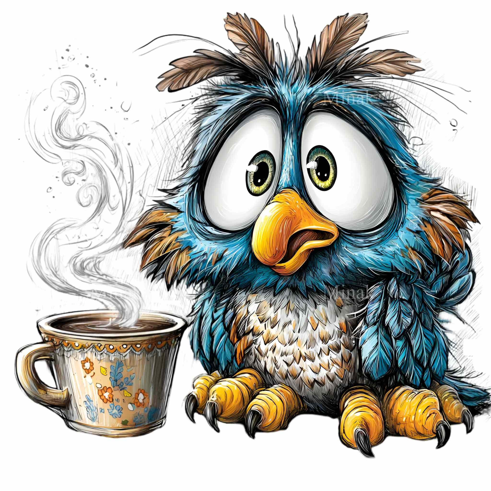 10 PNG Coffee Bird – Cute Blue Owl Clipart – Morning Coffee Art for ...