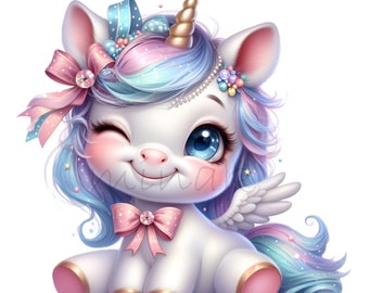 Può includere: Un adorabile unicorno di cartone animato con una criniera rosa e blu, un corno dorato e un fiocco rosa. L'unicorno ha grandi occhi blu e indossa un fiocco rosa con un gioiello scintillante. L'unicorno ha le ali ed è seduto su uno sfondo bianco.