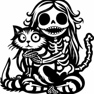 5 Arquivos de Corte SVG de Esqueleto de Menina com Gato | Silhueta Fofa de Halloween | Clipart Fofo e Assustador para Cricut, Laser, Vinil
