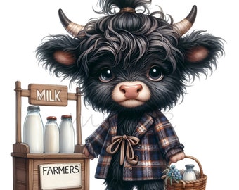 12 PNG Highland Cow Plaid Heifer Farmers Market Clipart, Milk Basket