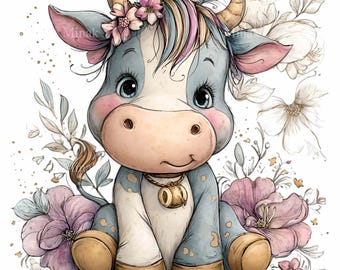 15 PNG Floral Kuh Clipart, Baby Färse Frühling Bauernhaus Kindergarten