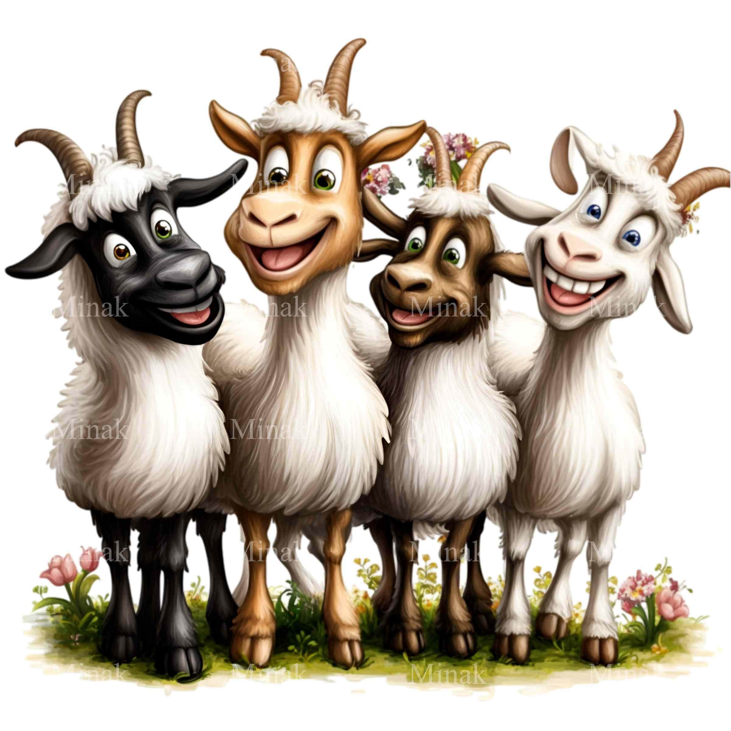 12 Funny Cartoon Goats PNG Clipart - Four Colorful Goats with Playful Expressions - Farm Animal Art for Crafting
