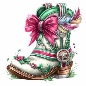 May include: A white cowboy boot with a pink bow, green and red accents, and a star-shaped buckle. The boot features floral embellishments and a colorful feather plume. The boot is decorated with a brown sole and heel, and is set against a white background.