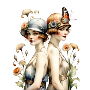 17 Vintage Ladies Clipart PNG - Elegant Women with Floral Hats, Art Deco Style, Digital Download Artwork