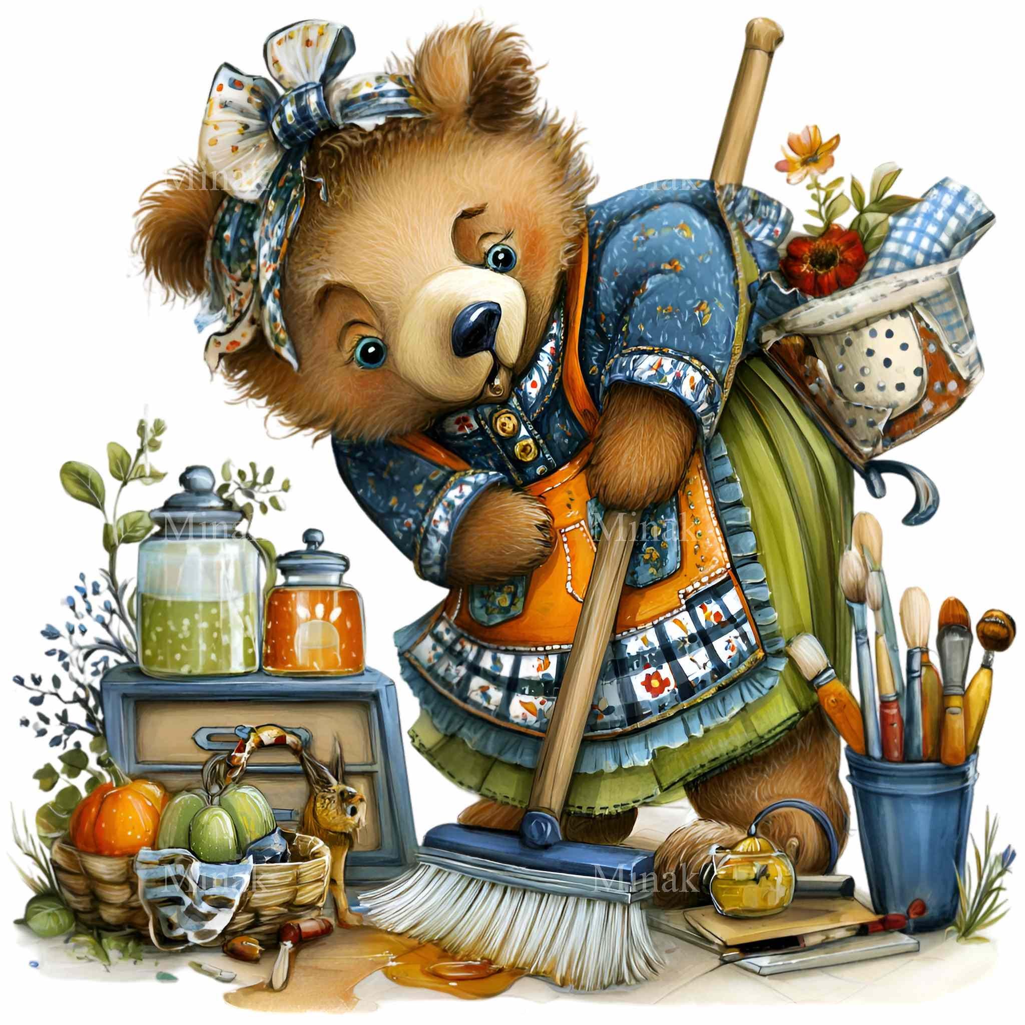 15 PNG Cleaning Bear Clipart, Broom Illustration, Watercolor Character ...