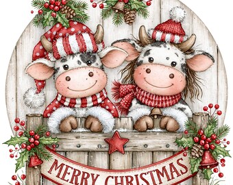 15 PNG Christmas Cow Wooden Fence, Holly Berries Bell Sublimation