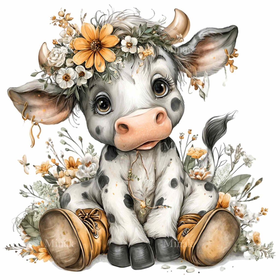 15 PNG Cow Clipart Floral Illustration, Watercolor Baby Farm Animal for ...