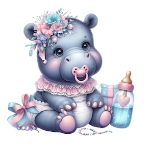 This PNG clipart features an adorable baby hippo adorned with a floral crown, a pacifier, and pastel nursery accessories. Perfect for baby-themed crafts, nursery decor, digital designs, and creative projects.