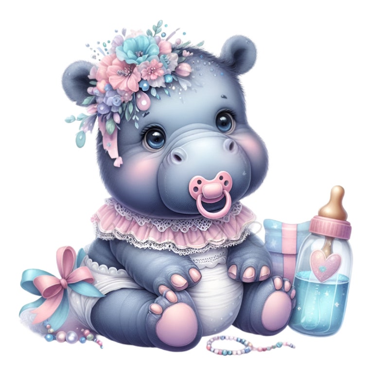This PNG clipart features an adorable baby hippo adorned with a floral crown, a pacifier, and pastel nursery accessories. Perfect for baby-themed crafts, nursery decor, digital designs, and creative projects.