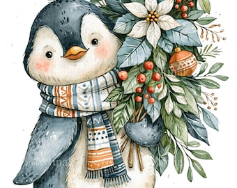 15 PNG Penguin Christmas Winter Floral Sublimation Clipart