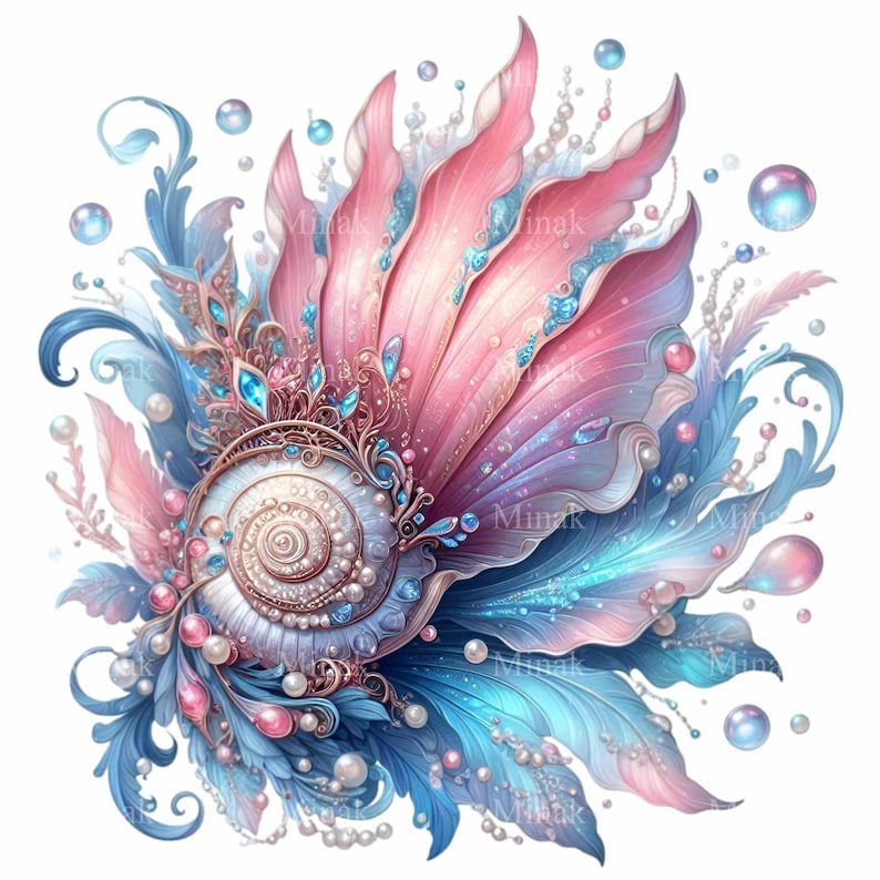 May include: A pink and blue seashell with pearl accents and a gold-colored crown. The seashell is surrounded by delicate blue and pink floral designs.