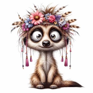 12 Süßes Erdmännchen PNG, Wunderliches Erdmännchen mit Blumenkrone Clipart, lustiges Tier Digital Download, Wildlife Art