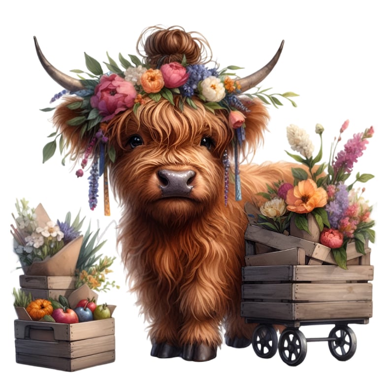 K&ouml;nnte beinhalten: Eine Highland-Kuh mit einer Blumenkrone, die vor einem mit Blumen gef&uuml;llten Holzkarren steht. Der Karren hat R&auml;der und ist aus rustikalem Holz.