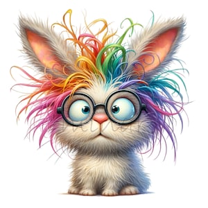Grappig konijn met regenbooghaar Clipart 12 png-strips Bunny Cartoon afbeelding sublimatie afdrukbaar