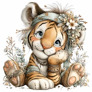 Puede incluir: Ilustraci&oacute;n caprichosa de un cachorro de tigre con una expresi&oacute;n serena. El cachorro est&aacute; adornado con un tocado floral y un pa&ntilde;uelo en la cabeza estampado. Lleva pulseras y un collar. El cachorro est&aacute; rodeado de delicados elementos florales y vegetales.